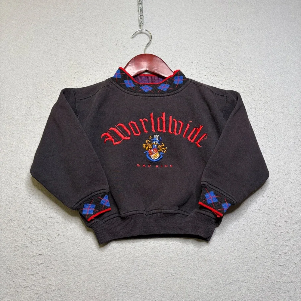 Gap Kids Sweatshirt Unisex 2-4T Blk Worldwide Crest Argyle Vintage 90s Mockneck